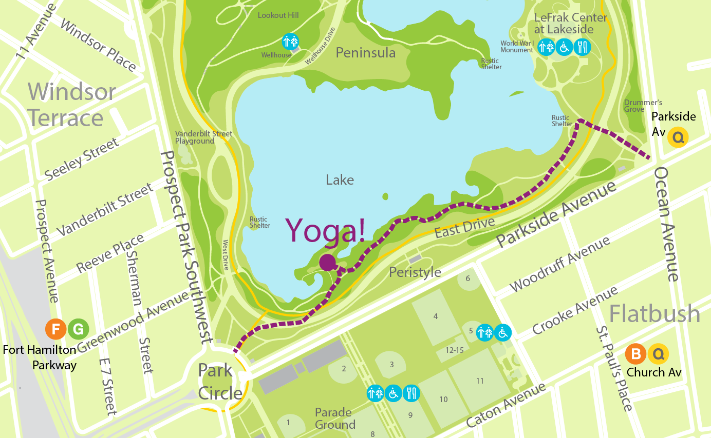 Map showing how to get to the yoga location, with the path shown as a fuschia dashed line.