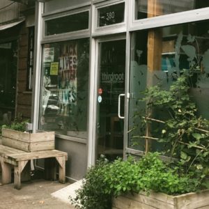 Third Root Storefront, with "Black Lives Matter"in the window, and foliage filling the planters on either side of the entrance.