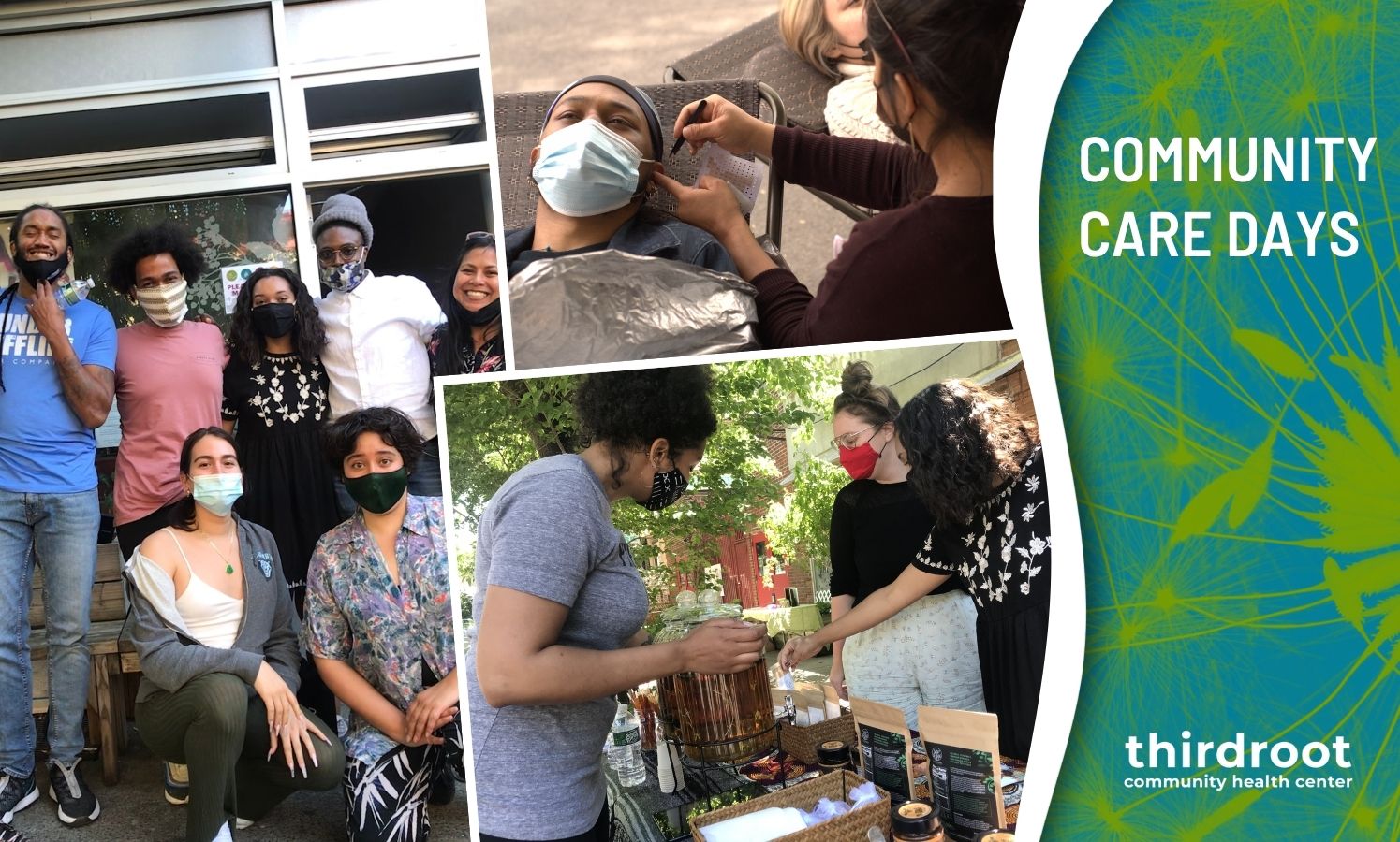 The text "Community Care Days" appears over the Third Root logo on the right, while a series of three photos is on the left, showing a person receiving acupuncture, people buying herbal products, and staff members posing in masks in front of the store.