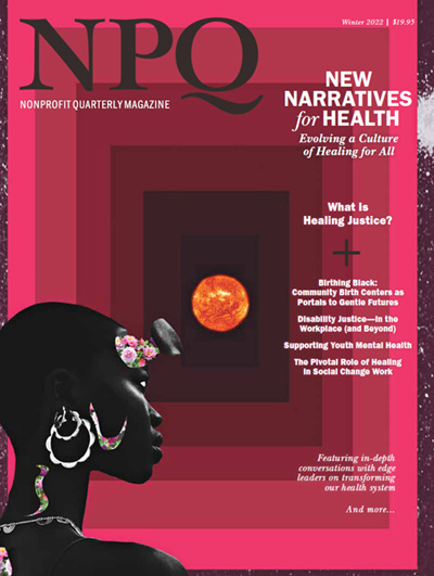 Front cover of NPQ Health Justice edition, featuring a Black woman with a shaved head looking to the right, and a series of pink-to-maroon rectangles set within each other.